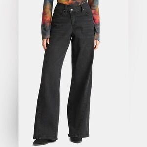 Madden NYC Wide Leg Crossover Waist Jeans – Black